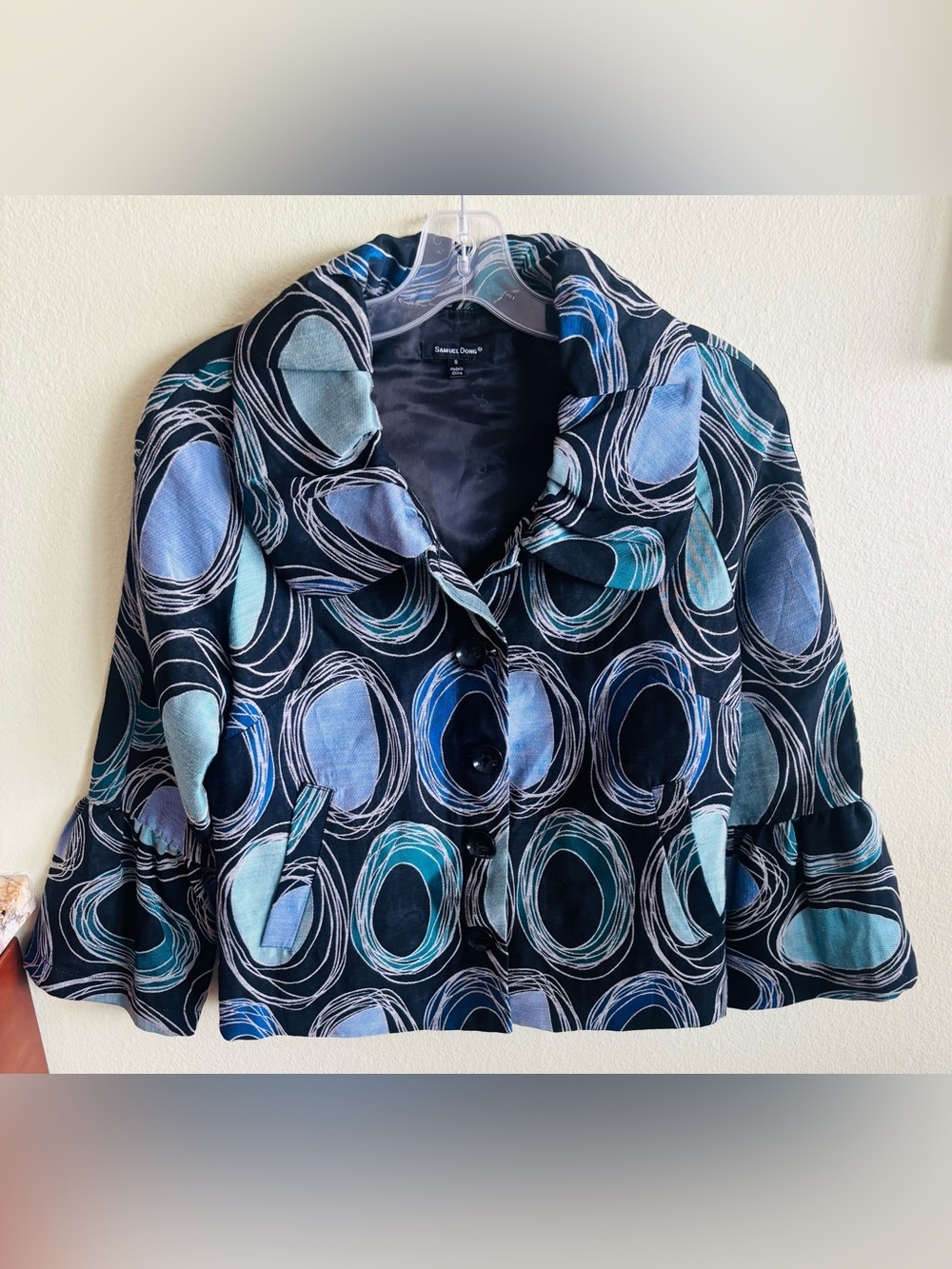 Samuel Dong Bell Sleeve Black Blue Green Circles Coat Size: Small